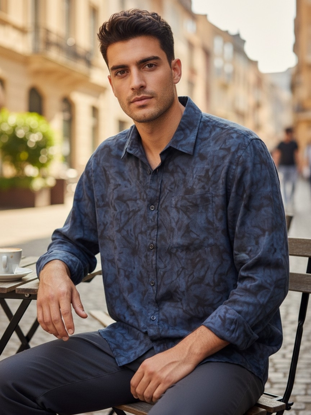 Pete Huntington Men's Blue Tie-Dye Print Long-Sleeve Button-Down Shirt